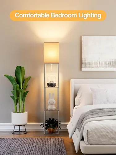 Vista 7 de Lámpara de pie con estantes para sala de estar roble gris, lámpara de pie con estante con bombilla LED de 3 CCT, lámpara de columna de pie