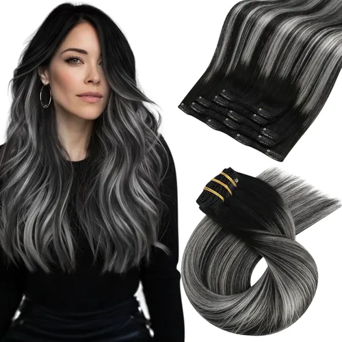 Vista 45 de Moresoo Extensiones de cabello humano con clip, balayage, color marrón oscuro a marrón dorado con clip, extensiones de cabello humano con clip, 5