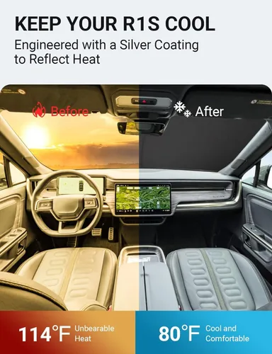 Vista 3 de Proadsy Parasol para parabrisas Rivian R1S 2022-2025 2026 de 4 capas plegable, protector de parasol frontal que bloquea los rayos UV, mantiene