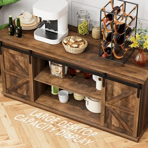 Vista 4 de Shahoo Aparador de estilo rústico para bufé, almacenamiento de barra de café con puertas corredizas de granero, estante para el comedor del hogar