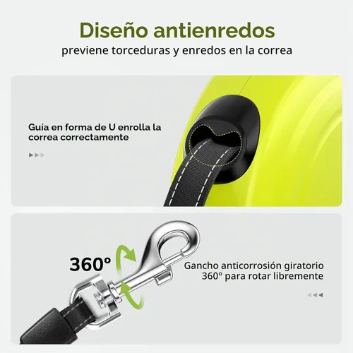 Vista 5 de Correa retráctil para perro de 32 pies con tiras reflectantes, control de un botón y material de nailon resistente, correa larga retráctil