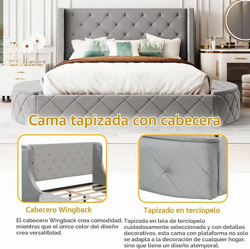 Vista 4 de Bellemave Cama de plataforma tapizada de terciopelo con almacenamiento, marco de cama tamaño Queen con cabecero, 1 cajón grande y 2 taburetes