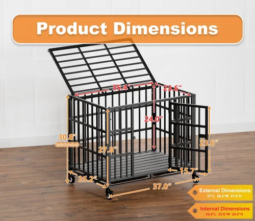 Vista 2 de Jaula para perros resistente de 38 pulgadas con ruedas, perrera indestructible a prueba de escapes con pestillo de bloqueo y doble puerta, jaula