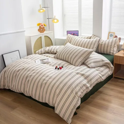 Vista 2 de Mucalis Juego de funda de edredón beige tamaño Queen con rayas verdes, 100% algodón lavado, juego de funda de edredón set completo moderno de 3