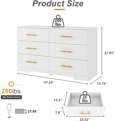 Vista 35 de Spaco Cómoda negra de 6 cajones con mango dorado, cómoda moderna de 6 cajones profundos para dormitorio, cómoda de almacenamiento para armario, sala