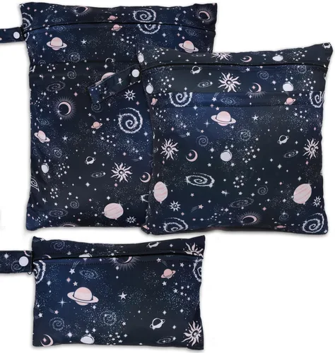 Vista 16 de 3 bolsas de tela para pañales húmedos y secos, impermeables, reutilizables, con 2 bolsillos con cremallera y asa, bolsas de lavandería lavables