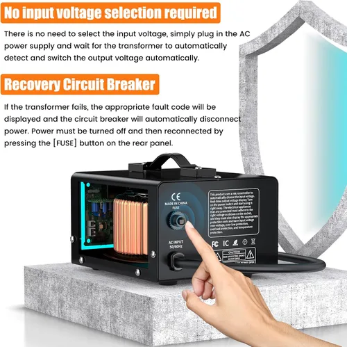 Vista 3 de Transformador Convertidor de Voltaje de 1000W Paso Arriba 110V/120V a 220V/240V o Paso Abajo 220V a 110V Convertidor de Potencia AC, Protección