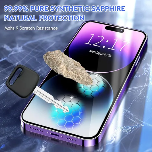 Vista 3 de Protector de pantalla de zafiro para iPhone 15 Pro Max de 6.7 pulgadas (transparente) Mohs 9 dureza protección de grado militar, antiarañazos, sin