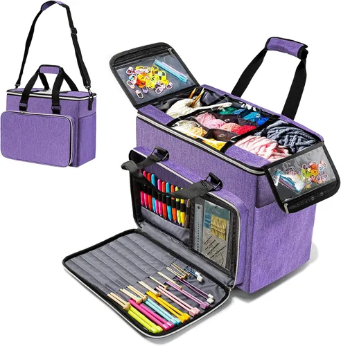 Vista 12 de MYBAGZING Organizador de bolsas de ganchillo, bolsa de almacenamiento acolchada con gancho para colgar, soporte de hilo para tejer y accesorios