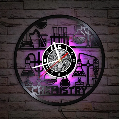 Vista 4 de The Geeky Days Reloj de pared con grabado láser de química, disco de vinilo, retroiluminación LED, para laboratorio, aula, ciencia, decoración