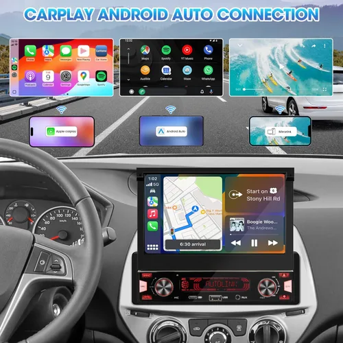 Vista 2 de Radio de pantalla táctil abatible de un solo DIN: 7 pulgadas CarPlay Android Auto estéreo para automóvil con cámara de respaldo Bluetooth 300 W 4.2