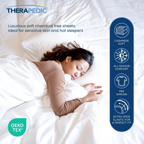 Vista 2 de Therapedic Juego de sábanas Queen de 6 piezas 100% algodón egipcio, satén naturalmente refrescante y transpirable, lavado suave preencogido, sábana