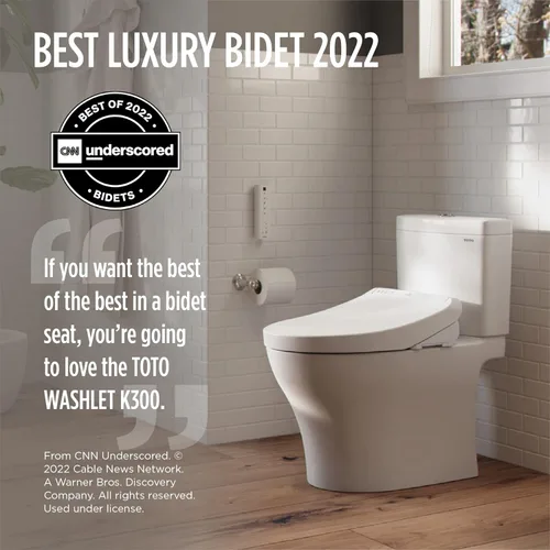Vista 2 de TOTO® WASHLET® K300 - Asiento de inodoro electrónico con bidé con calentamiento instantáneo de agua, limpieza PREMIST y EWATER+ con varita, Algodón