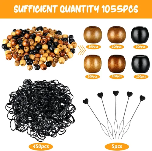 Vista 3 de Dingion Juego de 1055 cuentas de madera para el cabello, 600 cuentas de madera de barril