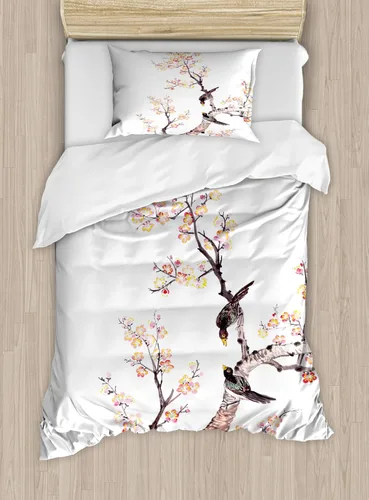 Vista 35 de Ambesonne Hawaii - Juego de funda de edredón de verano, palmeras y hojas exóticas de helecho, fondo colorido abstracto, juego de ropa de cama