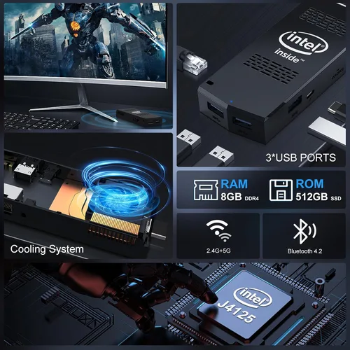 Vista 3 de Mini PC Stick Intel Celeron J4125 Windows 11 Pro 8GB DDR4 512GB SSD Compute Stick Soporte 4K HD, Gigabit Ethernet, 2.4G+5.0G Dual Band Wi-Fi, puerto