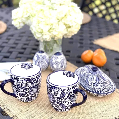 Vista 6 de Global Crafts Encantada - Juego de salero y pimentero mexicano, pintado a mano, hecho a mano, flor azul (MC085F-K2)