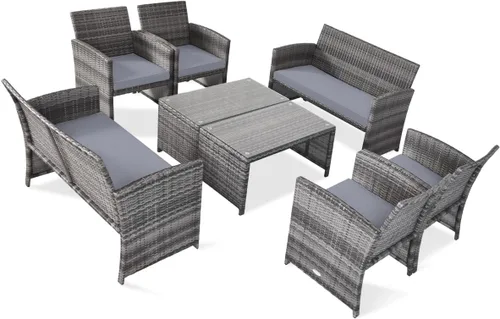 Vista 18 de Tangkula Juego de muebles de mimbre para patio de 4 piezas, juego de sofá y mesa Patiojoy con 4 asientos, juego de sofá de ratán al aire libre