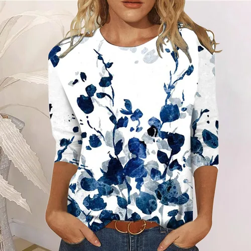 Vista 2 de Compression Shirt Women Loose Blouse for Womens Casual Summer Tops Floral Three Quarter Sleeve Round Neck Tee