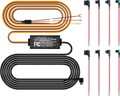 Pelsee Kit de cable rígido para cámara de salpicadero, kit completo de cable duro tipo C, fusible de cable de 12V-24V a 5V para cámara de tablero de