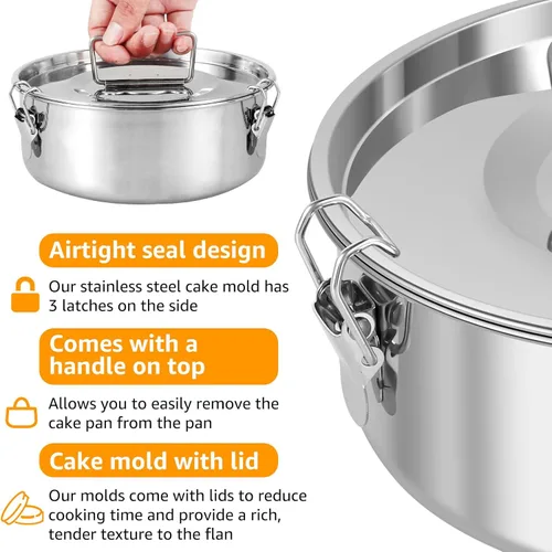 Vista 3 de Molde de flan de acero inoxidable con capacidad de 1.5 cuartos de galón con tapa y espátula, recipientes redondos para flan de 6 a 8 cuartos