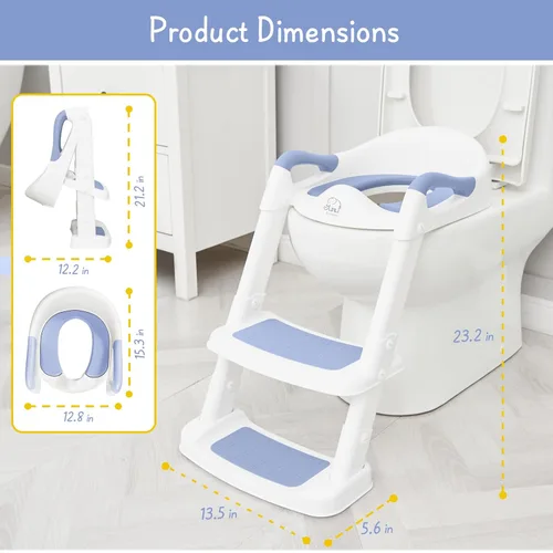 Vista 6 de Forbena Asiento de inodoro azul para niños pequeños con escalera de baño, asiento de baño resistente de altura ajustable con cojín suave y asas