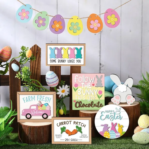 Vista 5 de Amyhill 12 piezas de decoración de bandejas escalonadas de Pascua, decoración de bandeja escalonada de primavera, mini conejo, conejo, huevo