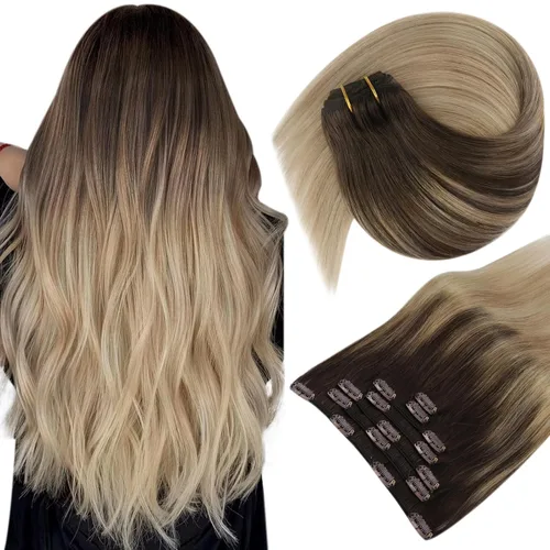 Vista 49 de Ve Sunny Extensiones de cabello humano real con clip balayage, color marrón castaño degradado a rubio, 12 pulgadas, 5 unidades, 2.82 onzas
