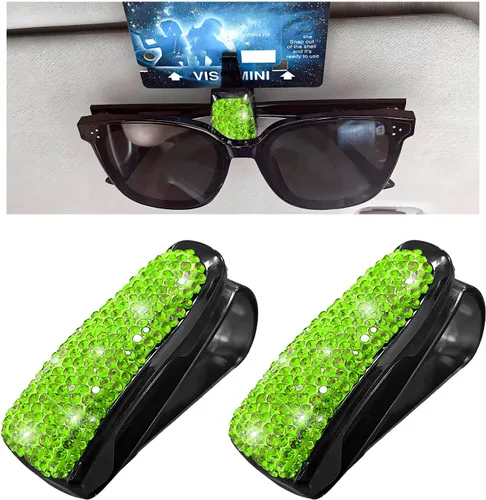 Vista 9 de Dickno 2 piezas de soporte para lentes de sol con pedrería para visera de coche, soporte para lentes de sol con strass con clip para tarjetas