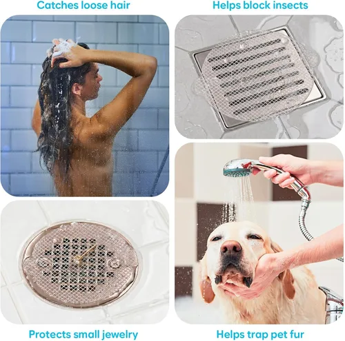 Vista 6 de Atrapa pelo desechable para drenaje de ducha, paquete de 35 – Adhesivos de cubierta de drenaje de malla autoadhesiva para baño bañera y ducha