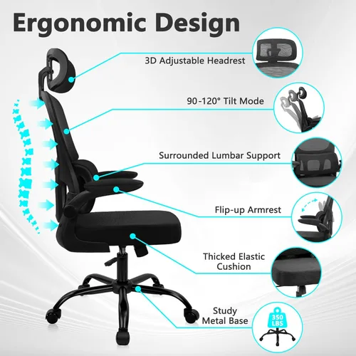 Vista 9 de CLATINA Silla ergonómica de escritorio de oficina con reposacabezas ajustable y soporte lumbar, brazos abatibles, respaldo alto, sillas ejecutivas