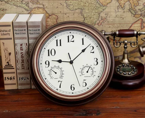 Vista 3 de Reloj de pared para interiores y exteriores de 12 pulgadas, resistente al agua con temperatura y humedad, funciona con pilas, sin tictac, reloj