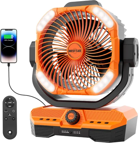 WESTTREE - Ventilador de 45000 mAh, potente flujo de aire, funciona con pilas, ventilador de exterior para dormitorio, silencioso y oscilante Naranja