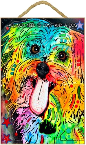 SJT ENTERPRISES, INC. Shih Tzu - All You Need is Love and a Dog - Placa de madera de 7 x 10.5 pulgadas con la obra de arte de Dean Russo (SJT78239)