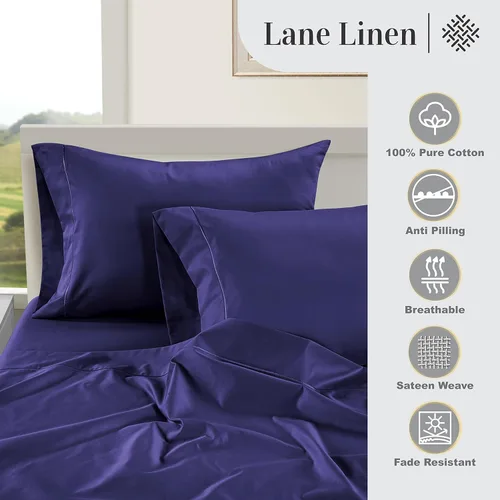 Vista 414 de LANE LINEN - Sábanas individual 100% algodón egipcio suave, cómodo y grueso de calidad de hotel, costuras reforzadas totalmente elásticas, sin