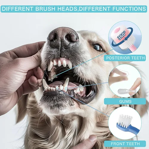 Vista 3 de Cepillo de dientes para perros, cepillos de dientes de 360 grados, cepillos de dientes de triple cabeza, cepillo de dientes de doble cabeza, Azul