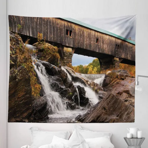 Vista 6 de Ambesonne Landscape Tapestry, Old Rustic Oak Covered Bridge over Cascading Waterfalls Rock Fall Season American City, Fabric Wall Hanging Decor for