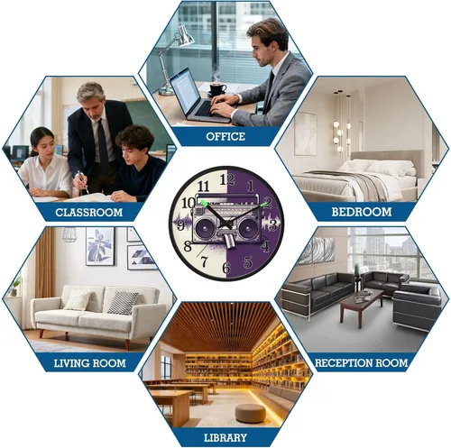 Vista 8 de Battery Operated Silent Non-Ticking Clock Luminous Voice-Activated Silent Clocks Retro Tape Drive Rhythm Purple White 12 Inch for Office, Home