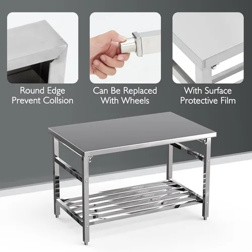 Vista 3 de Mesa plegable de acero inoxidable de 48 x 24 pulgadas para preparación y trabajo, isla de cocina de acero inoxidable comercial resistente NSF