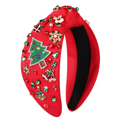 Vista 34 de NVENF Diadema con nudo superior ancho y perlas de cristal para mujer, accesorios para el cabello, regalos (árbol de Navidad grande 1)