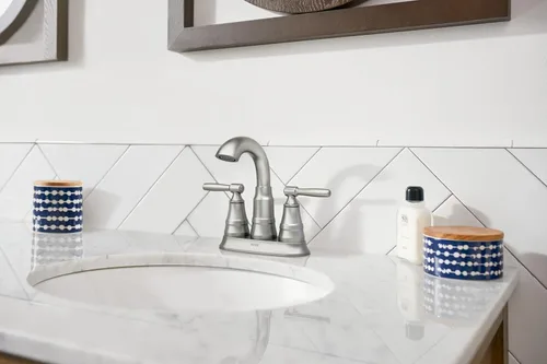 Vista 6 de Moen Halle – Grifo de baño con dos asas y montaje de desagüe, resistente a las manchas, de níquel cepillado, 84971SRN