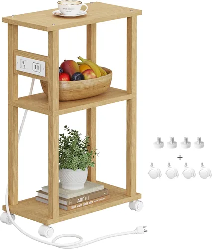 Vista 26 de TUTOTAK - Mesa auxiliar pequeña y estrecha con estación de carga; mesa de centro delgada para espacios pequeños; mesita de noche delgada con puertos