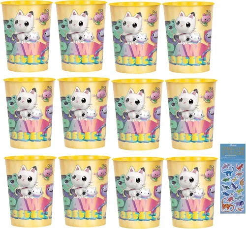 Amscan El paquete de suministros para fiesta de cumpleaños de Gabbys incluye vasos de plástico reutilizables de 16 onzas, 12 vasos de plástico y 1
