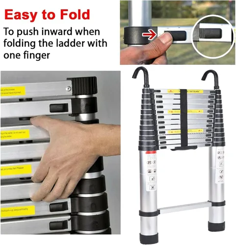 Vista 7 de Escalera telescópica de aluminio de 16.4 pies, escalera telescópica de extensión de 16.4 ft con botón de gancho desmontable, retracción, resistente