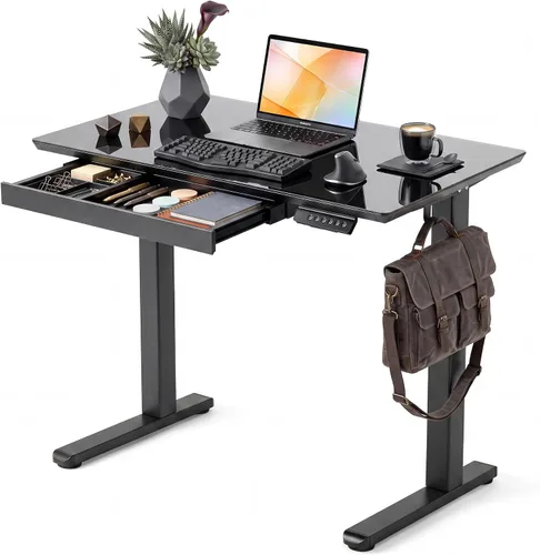 Vista 13 de Claiks Escritorio de pie de cristal con cajones 32x19 pulgadas negro Tapa de vidrio templado, ergonómico, 3 preajustes de memoria, altura ajustable