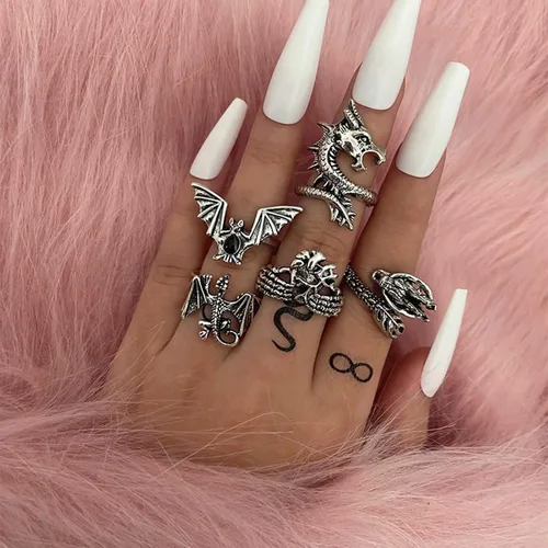 Anillos góticos de dragón de plata, anillos de animales tallados en plata, anillos vintage de nudillos de murciélago, juego de anillos de dedo de