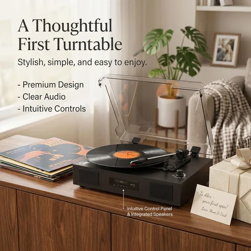 Vista 11 de Tocadiscos de vinilo Bluetooth con dos altavoces incorporados, grabación USB, transmisión por correa, 3 velocidades, tocadiscos para discos