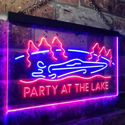 Vista 3 de ADVPRO Party at The Lake Cabin Display Dual Color LED Neon Sign Blue & Red 12" x 8.5" st6s32-i3430-br