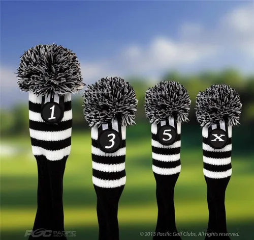 Vista 2 de Pacific Golf Clubs Head Covers 1 3 5 X Negro y Blanco Tejer Retro Old School Vintage Stripe Pom Throwback Classic