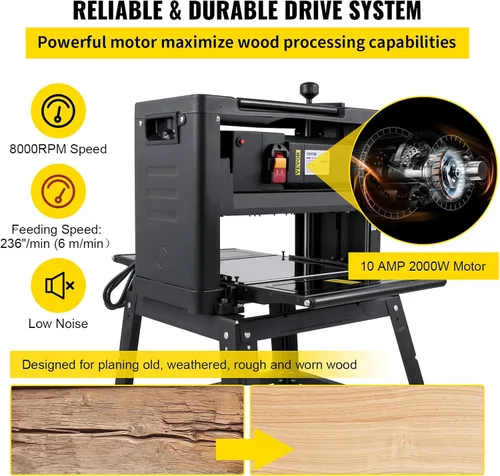 Vista 3 de VEVOR - Cepilladora de espesor de 13 pulgadas para banco, 2000W, 8000 rpm, 15 AMP, plegable, velocidad de cepillado de 6m/min, soporte de hierro